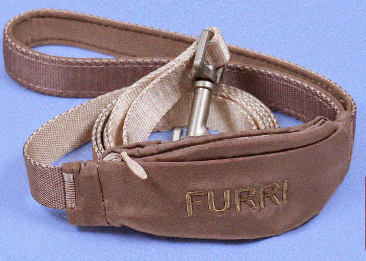 A brown fabric dog leash with a matching padded handle and metal clip, laid on a blue background. The handle is embroidered with the brand name 'FURRI'.